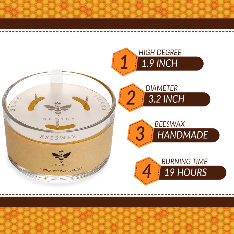 DEYBBY Large Beeswax Jar Candle - 3 Wick Beeswax Candle Gift - Handpour Candle with Natural Honey Scent, 22 Hours Burning - Image 3