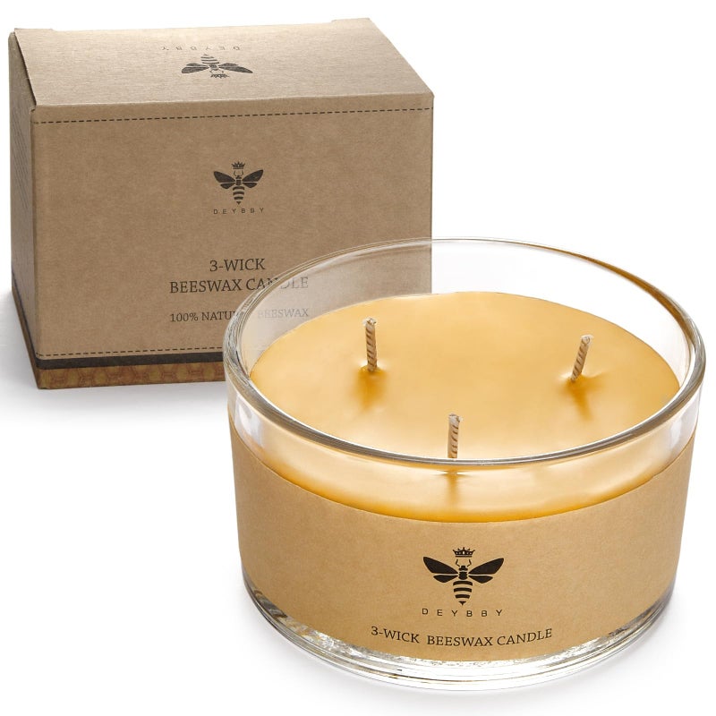 DEYBBY Large Beeswax Jar Candle - 3 Wick Beeswax Candle Gift - Handpour Candle with Natural Honey Scent, 22 Hours Burning - Image 1