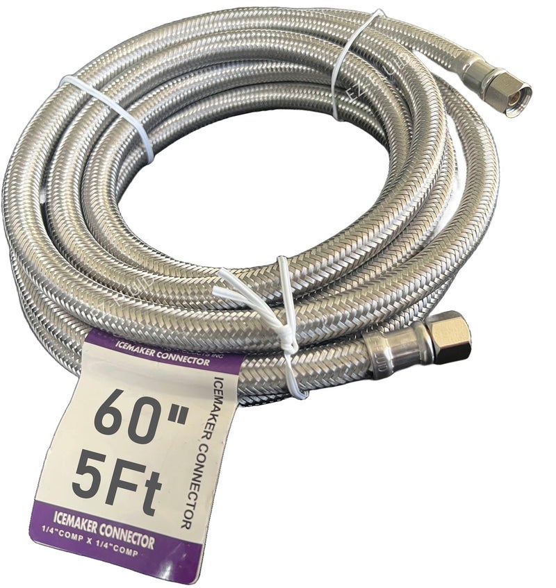 EZFLUID 60 Refrigerator Ice Maker Water Line 5 Ft x 14 Female Comp ConnectionPremium Stainless Steel Braided Ice Maker Water Hose PVC Inner Tube Fridge Water Line