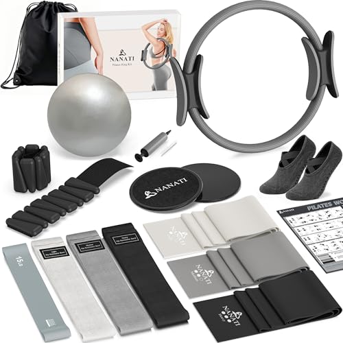 NANATI Pilates Kit 18PCS,Pilates Essentials Kit for Women,Pilates Equipment with 14.5" Pilates Ring and Ball,7 Resistance Bands,Ankle Weights,Sliders & Grip Socks Accessories for Starter Home Workouts - Image 1