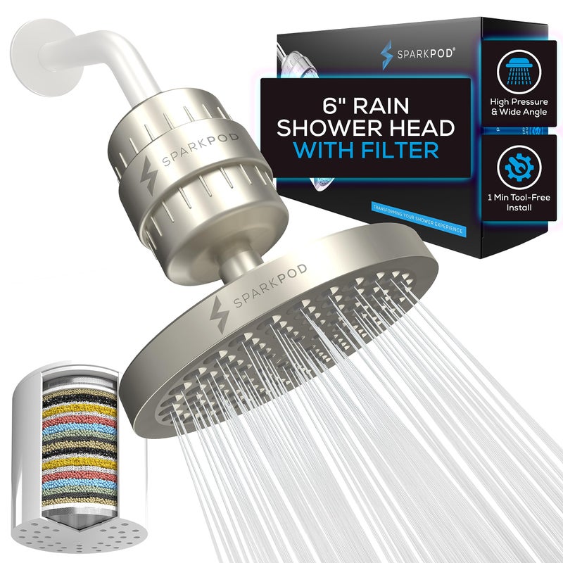 SparkPod Luxury Filtered Shower Head Set 23 Stage Shower Filter - Reduces Chlorine and Heavy Metals - High Pressure Showerhead Filter (6" Round, Brushed Nickel) - Image 1
