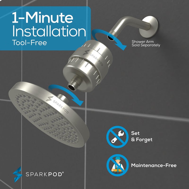SparkPod Luxury Filtered Shower Head Set 23 Stage Shower Filter - Reduces Chlorine and Heavy Metals - High Pressure Showerhead Filter (6" Round, Brushed Nickel) - Image 5