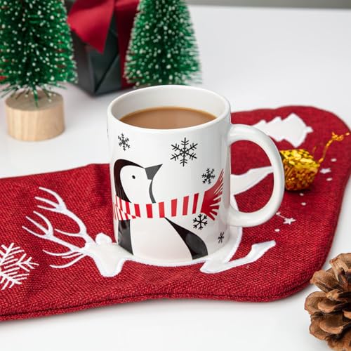 Takywep Christmas Snowman and Penguin Mug Set of 2 With Gift Box - 12 Oz Xmas Coffee Cups, Ceramic Porcelain Tea Cup, Holiday Mugs, Red and White - Image 4
