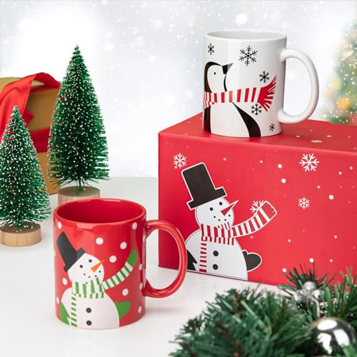 Takywep Christmas Snowman and Penguin Mug Set of 2 With Gift Box - 12 Oz Xmas Coffee Cups, Ceramic Porcelain Tea Cup, Holiday Mugs, Red and White - Image 1