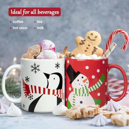 Takywep Christmas Snowman and Penguin Mug Set of 2 With Gift Box - 12 Oz Xmas Coffee Cups, Ceramic Porcelain Tea Cup, Holiday Mugs, Red and White - Image 3