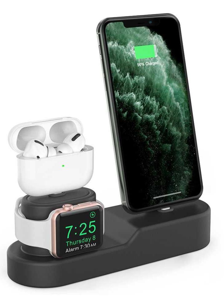 AhaStyle 3 in 1 Silicone Charging Dock/Silicone Stand and Cable organizer Compatible for Charging All iPhone Models, AirPods Pro/1/2, and Apple Watch Series 5/4/3/2/1 - Black - Image 1