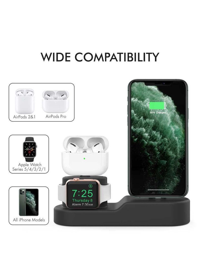 AhaStyle 3 in 1 Silicone Charging Dock/Silicone Stand and Cable organizer Compatible for Charging All iPhone Models, AirPods Pro/1/2, and Apple Watch Series 5/4/3/2/1 - Black - Image 2