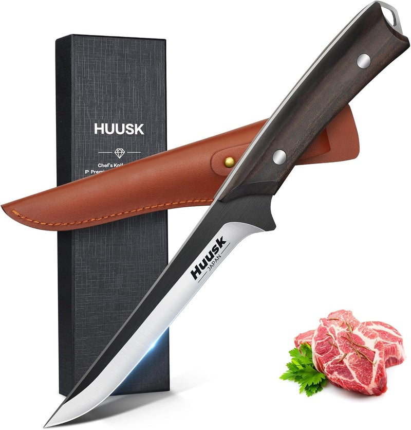 Huusk Boning Knife for Meat Cutting 6 Inch Japanese Full Tang Brisket Trimming Deboning Sharp Fish Fillet Knives with Sheath Butcher Kitchen Chef Gift for Dad - Image 1