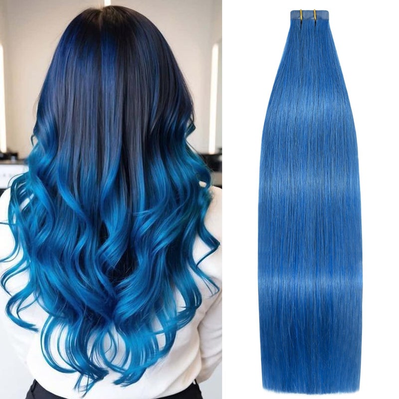 Aison Blue Tape in Hair Extensions 100 Remy Human Hair Extensions Straight for Women 20 PcsPackage18Inch Blue 40g