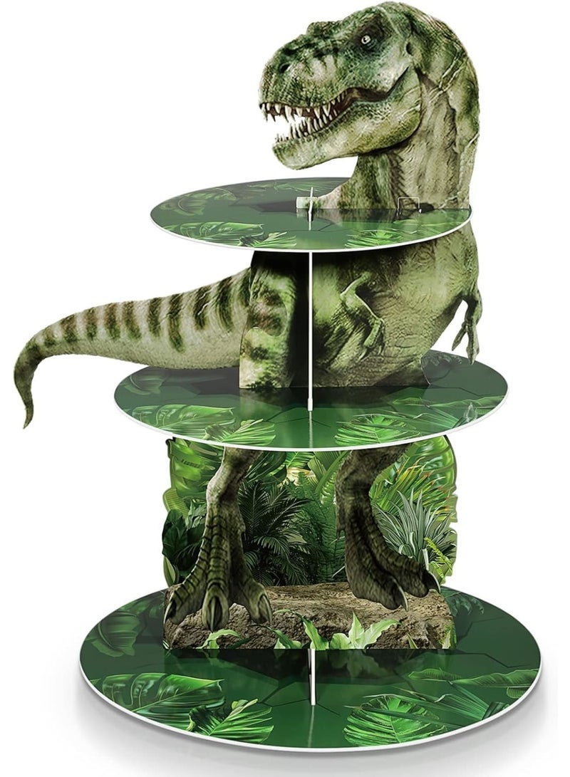 سيوسي 3-Tier Dinosaur Cupcake Stand, Realistic Jungle Theme Dessert Tower for Kids Birthday Parties, Dino-Themed Party Decor with Sturdy Base, Dinosaur Party Supplies for Cakes, Cookies & Treats (Green) - Image 1