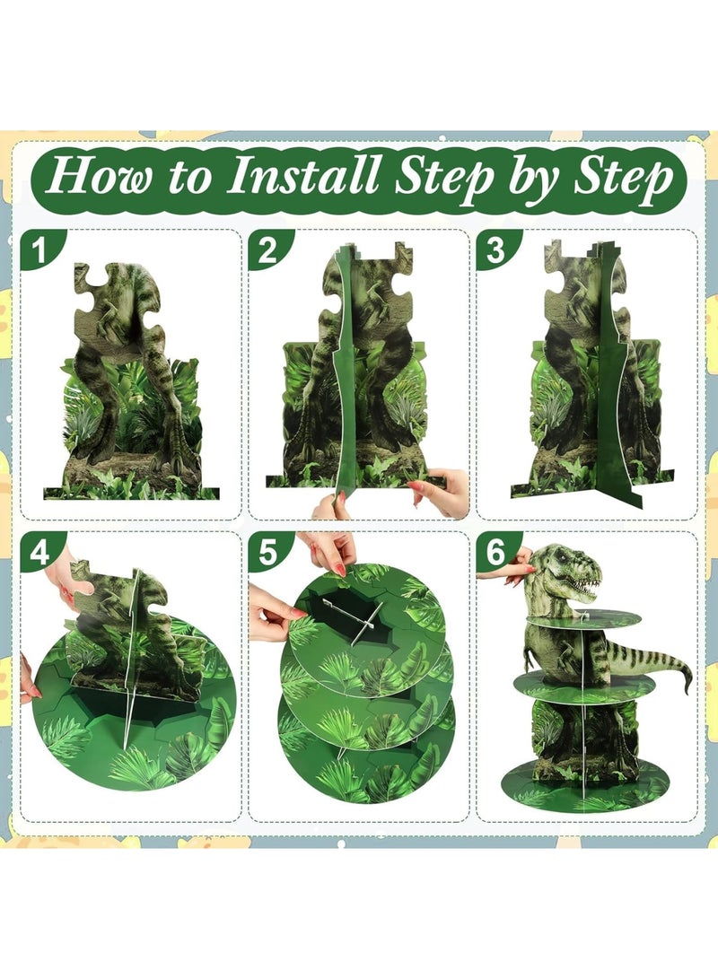 سيوسي 3-Tier Dinosaur Cupcake Stand, Realistic Jungle Theme Dessert Tower for Kids Birthday Parties, Dino-Themed Party Decor with Sturdy Base, Dinosaur Party Supplies for Cakes, Cookies & Treats (Green) - Image 3