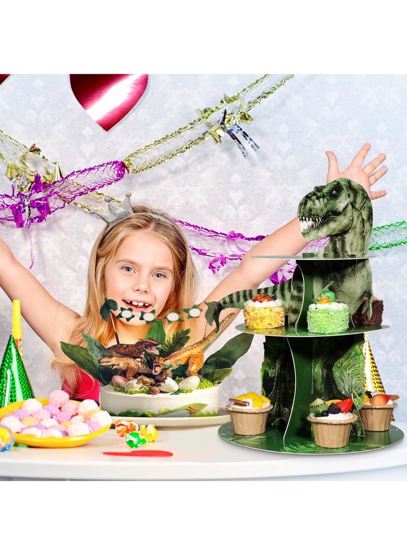 سيوسي 3-Tier Dinosaur Cupcake Stand, Realistic Jungle Theme Dessert Tower for Kids Birthday Parties, Dino-Themed Party Decor with Sturdy Base, Dinosaur Party Supplies for Cakes, Cookies & Treats (Green) - Image 2