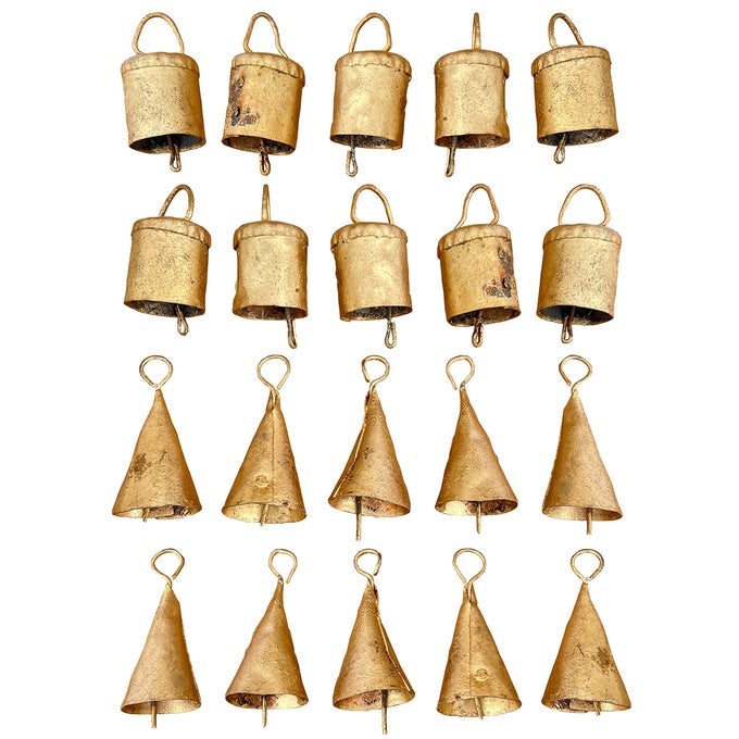 GOLD COW BELLS 20 SMALL BELLS RUSTIC METAL HANGING BELLS FOR CRAFTS VINTAGE JINGLE BELLS FOR CRAFTING CHRISTMAS BELLS DECORATIONS FARMHOUSE WREATHS WITCH BELLS HOLIDAY GARLAND DIY