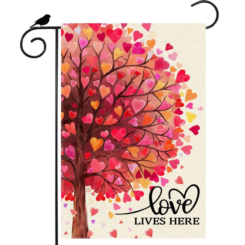 ZAEW Love Lives Here Love Heart Shaped Tree Valentineâ€™s Day Garden Flag Yard Flag 12x18 Inch Double Sided Small Mini Yard Outdoor Outside Holiday Decoration - Image 1