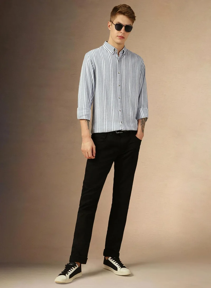 Dennis Lingo Men's Blue 100% Cotton Striped Button Down Relaxed Fit Shirt