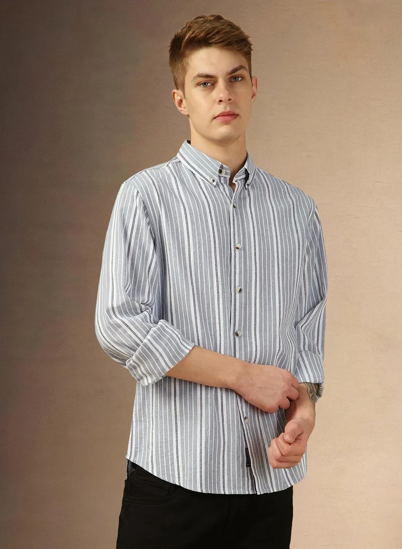 Dennis Lingo Men's Blue 100% Cotton Striped Button Down Relaxed Fit Shirt