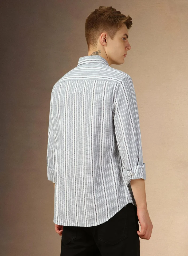 Dennis Lingo Men's Blue 100% Cotton Striped Button Down Relaxed Fit Shirt