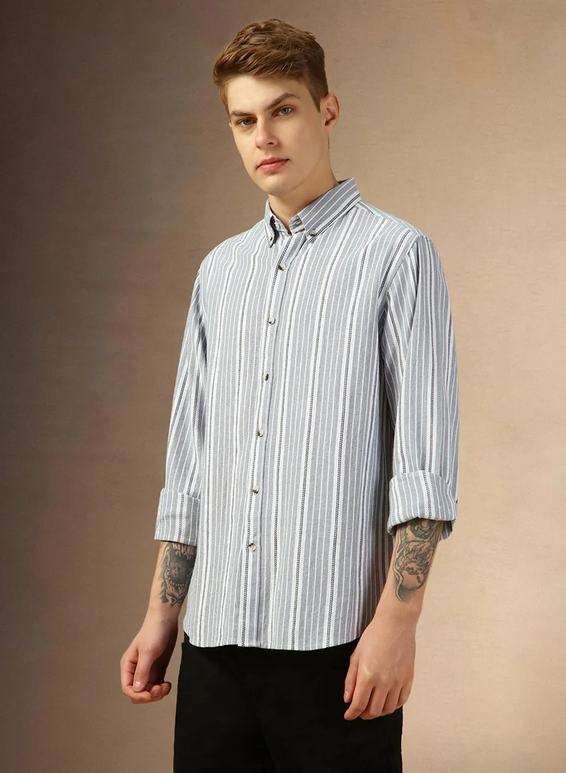 Dennis Lingo Men's Blue 100% Cotton Striped Button Down Relaxed Fit Shirt