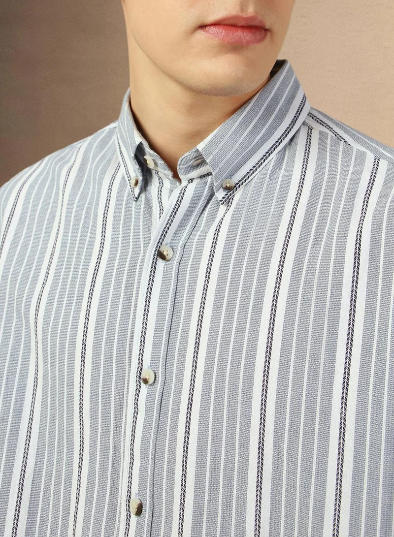 Dennis Lingo Men's Blue 100% Cotton Striped Button Down Relaxed Fit Shirt