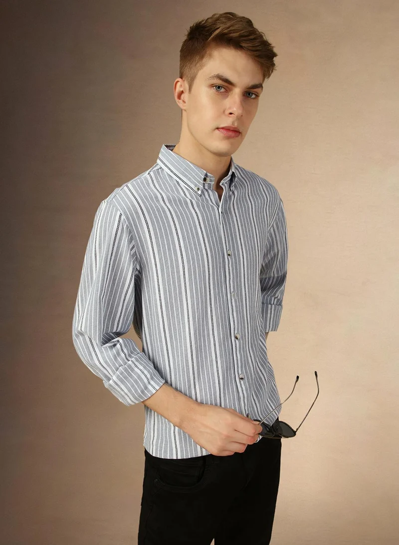 Dennis Lingo Men's Blue 100% Cotton Striped Button Down Relaxed Fit Shirt