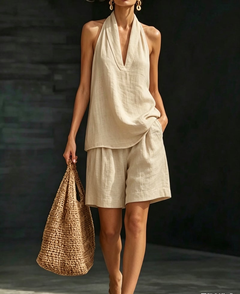 linen suit women's summerloosev neck short-sleeved topsloose pantstwo-piece set lazy and relaxed feeling