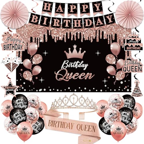 Uiorgui Birthday Decorations for Women 33pcs Birthday Queen Crown and Sash Black Rose Gold Happy Birthday Banner Balloons Backdrop Hanging Swirls Paper Fans Birthday Party Decorations Kit Gifts for Her - Image 1