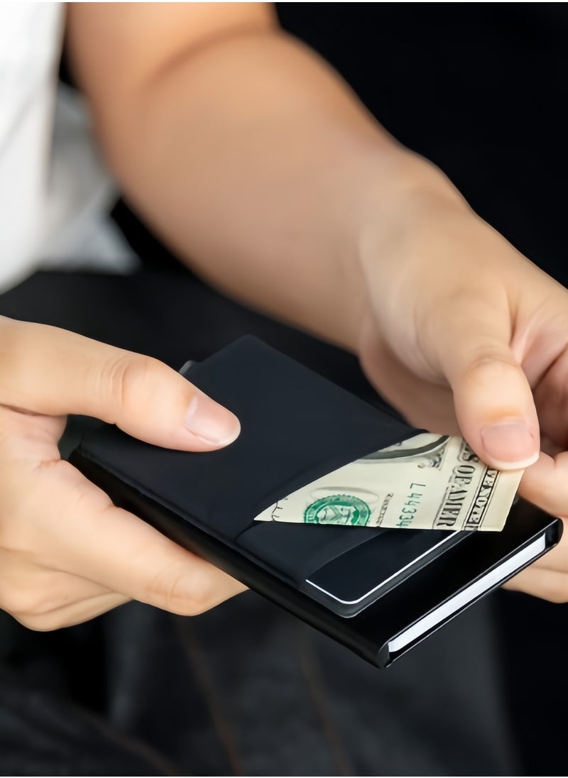 محافظ رجالية - محفظة قصيرة مزودة بتقنية حجب RFID - حامل بطاقات معدني - محفظة رفيعة مسطحة سوداء اللون من الجلد الطبيعي مقاومة للخدش - محفظة آمنة