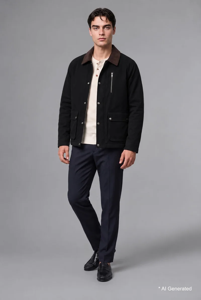 ديفاكتو Regular Fit Polo Neck Zip-Up Velvet Lined Jacket