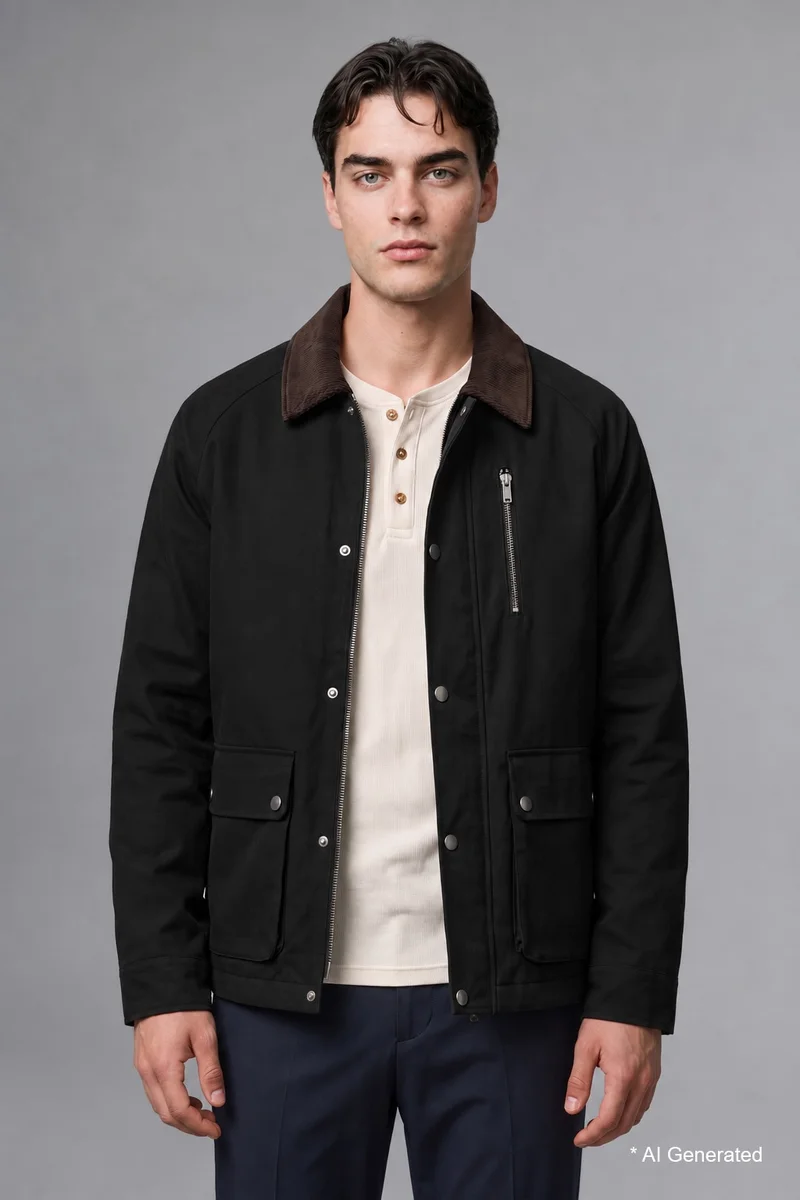 ديفاكتو Regular Fit Polo Neck Zip-Up Velvet Lined Jacket