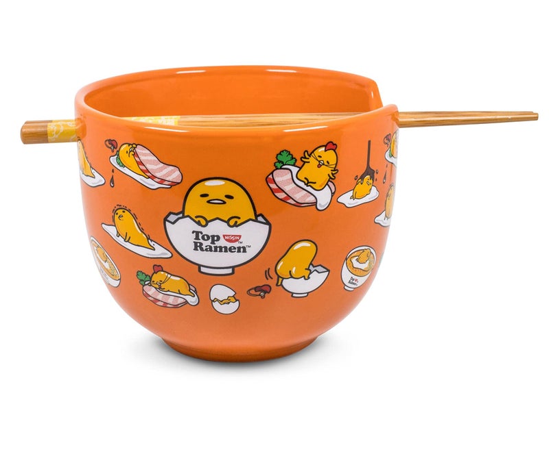 Gudetama Japanese Ceramic Dinnerware Set  Includes 20Ounce Ramen Bowl and Wooden Chopsticks  Asian Food Dish Set For Home Kitchen  Kawaii Anime Gifts Official Sanrio Lazy Egg Collectible