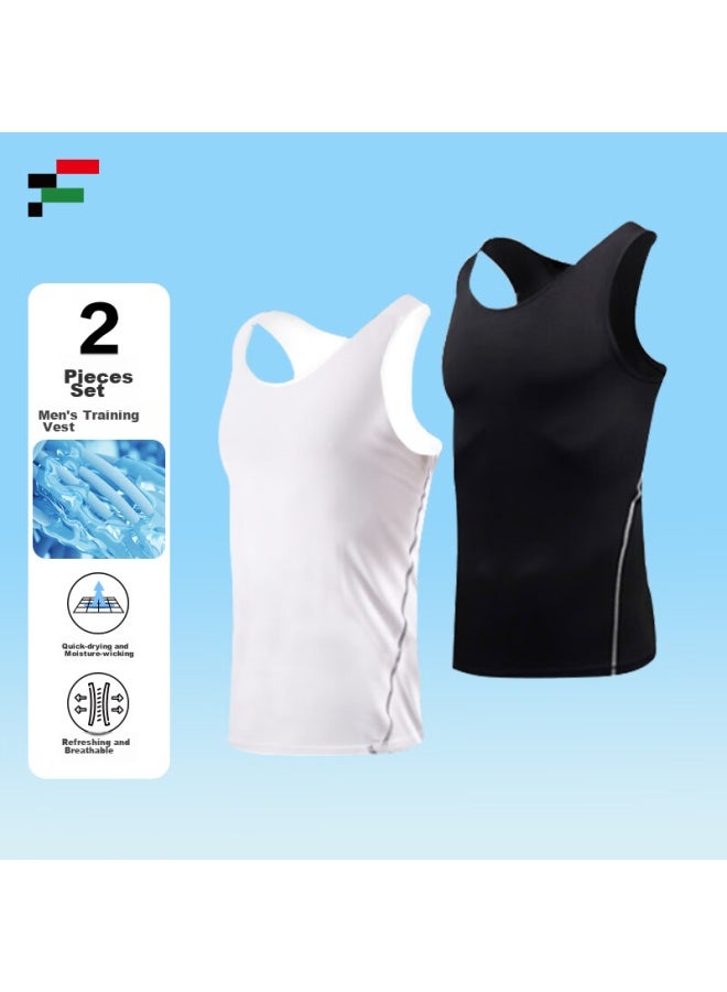 Fandimu Men's Sports Tank Top, Tight-fitting Breathable Comprehensive Training Fitness Sleeveless Top Two-piece Set, Black + White, L - Image 1
