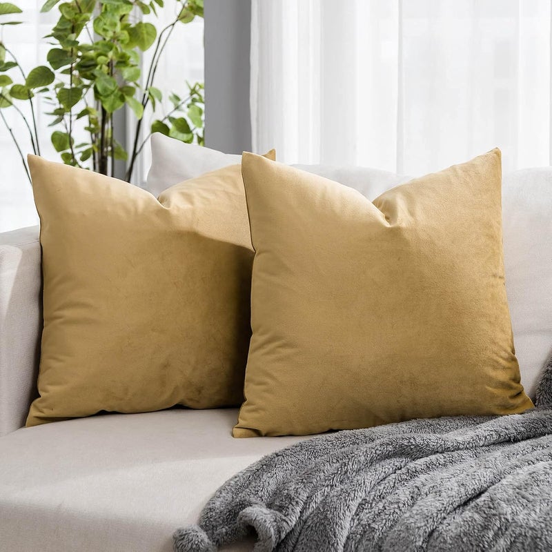 QUAFOO Khaki Soft Velvet Throw Pillow Covers 18x18 inch Set of 2 for Sofa Couch Bed Living Room Decorative Luxury Solid Square Cushion Covers Case with Zipper - Image 1