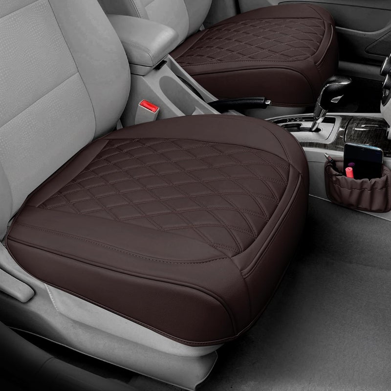 BEITK 2 Pack Leather Front Car Seat Cover Bottom Car Seat, Anti-Slip and Full Wrap Driver Seat Protectors with Storage Pocket, Luxury Waterproof Bottom Auto Seat Cushion Pad Mat for Most Vehicles(Coffee) - Image 1