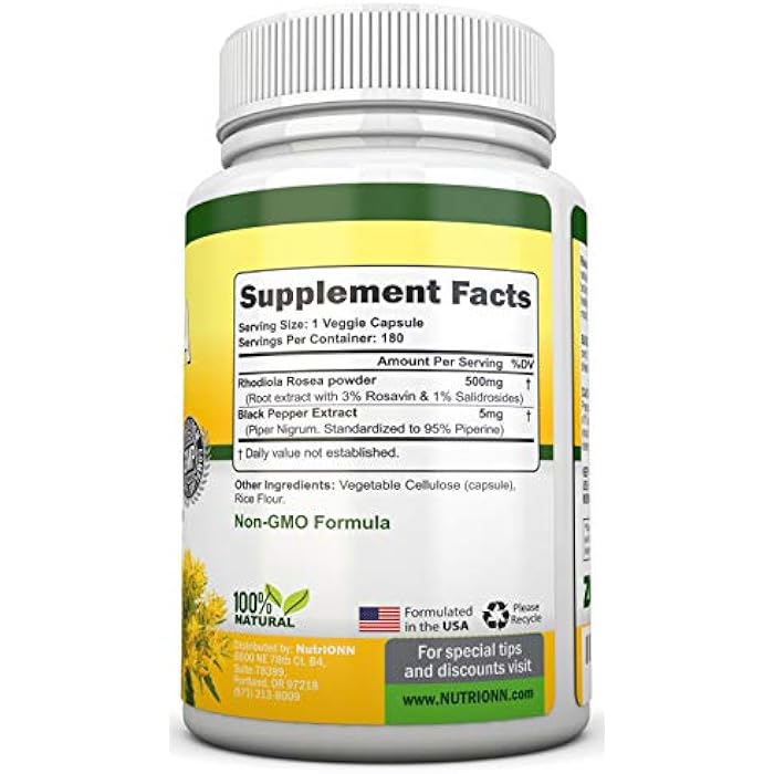 NutriONN Rhodiola Rosea - 500mg - 180 Vegan Capsules - 3% Rosavin 1% Salidroside Extract - Non-GMO - with Black Pepper for Enhanced Absorption - 6 Month Supply - Supplement for Energy & Stamina - Image 4