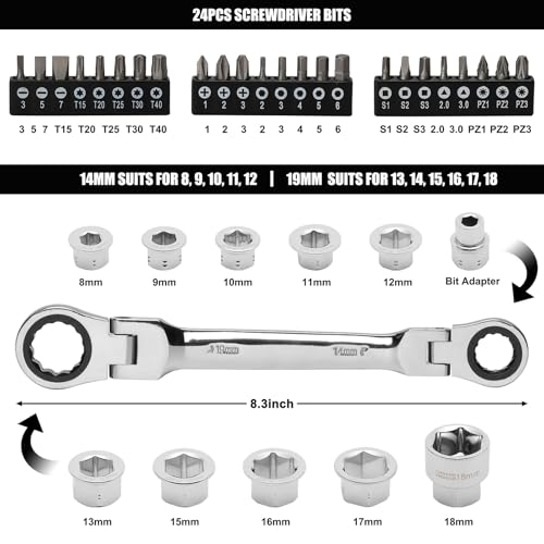 Mayouko 36PCS Flex Head Ratcheting Wrench Set, 72 Tooth Double Box End Wrench 8mm -19mm, 12-in-1 Wrench Set & 24-in-1 Screwdriver Set - Image 4