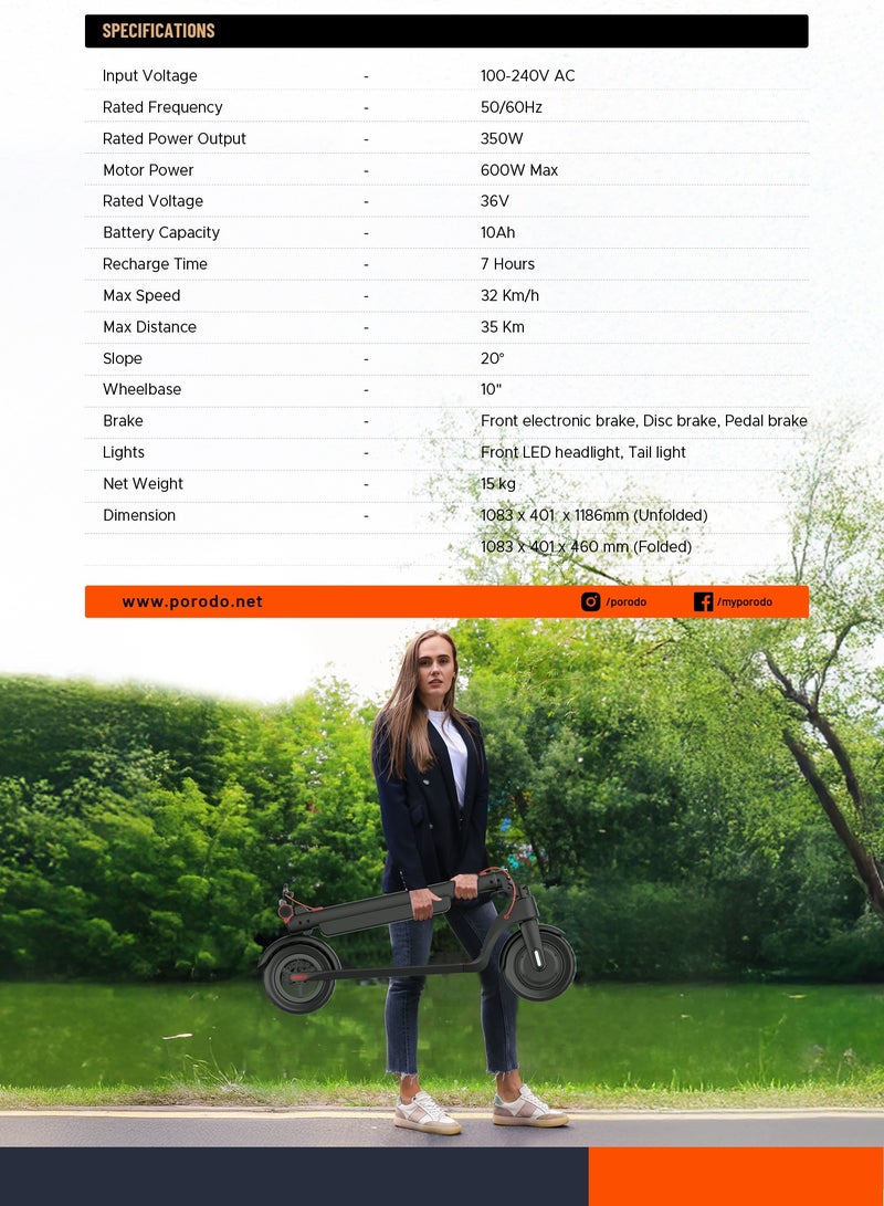 بورودو سكوتر كهربائي احترافي من Urban Scooter مع عجلات متينة مقاس 10 بوصات وسرعة قصوى 32 كم/ساعة / حمولة قصوى 100 كجم / مسافة ركوب السكوتر 35 كم / قوة 350 وات / قابل للطي - أسود - Image 5