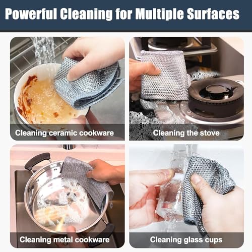 AKRIZA 10Pcs Multifunctional Non Scratch Dish Wash Cloth Double Layered Steel Wire Dishwashing Rags for Wet and Dry Stainless Steel Scrubber for Utensils Kitchen Accessories Items Cleaning Supplies - Image 5