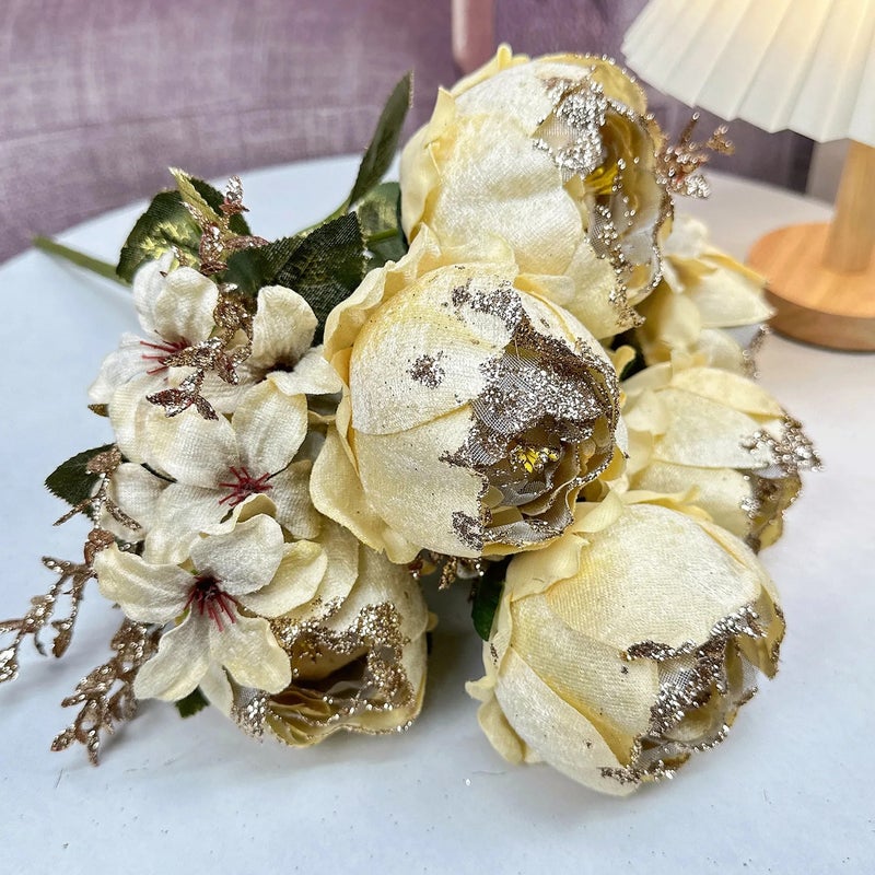Bluejw European Style Peony Artificial Silk Bouquet with Gold Bundling – High-End Dried Plants for Elegant Dining Table Decoration - Image 1