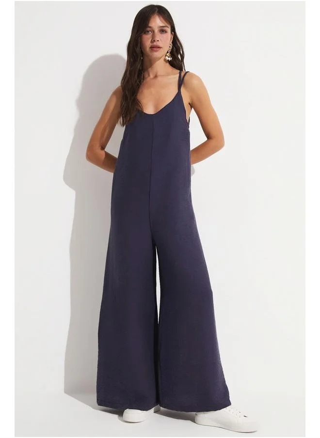 جون June Back Detailed Jumpsuit Navy