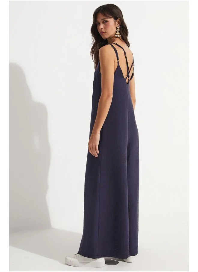 جون June Back Detailed Jumpsuit Navy
