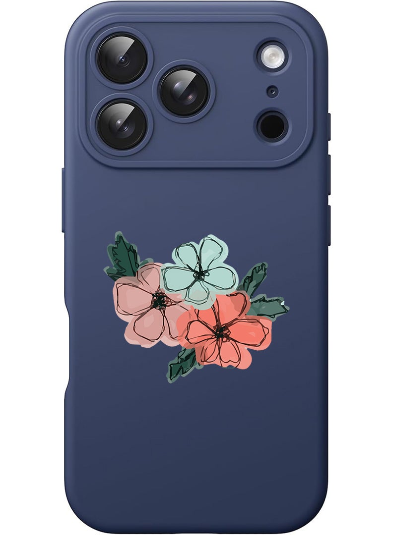 Theodor Protective Slim Fit Case Liquid Silicone Cover with Full Body Protection Anti-Scratch Shockproof Case For Apple iPhone 17 Pro (Blue) Flowers - Image 1