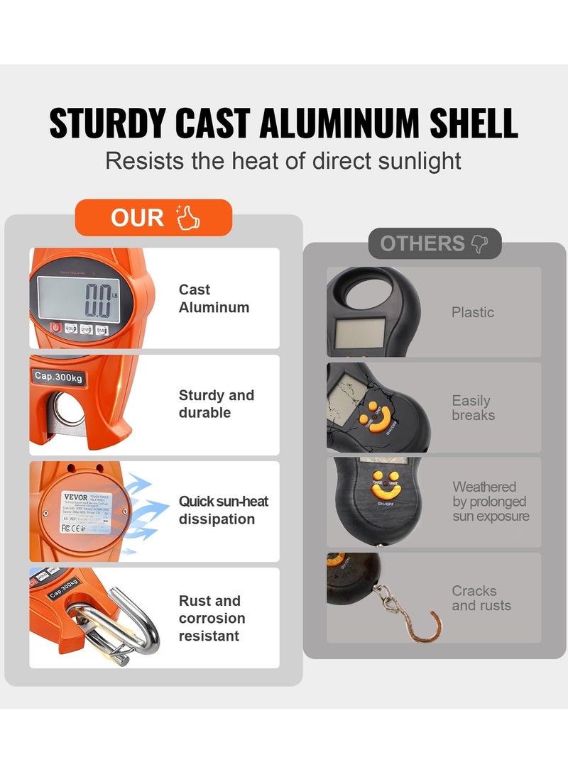 KASTWAVE ميزان رافعة رقمي، 660 رطل/300 كجم، ميزان معلق صناعي ثقيل مع هيكل من الألمنيوم المصبوب وشاشة LCD، رافعة صغيرة محمولة مع خطافات للمزرعة، الصيد، الصيد، الهواء الطلق، المرآب (برتقالي) - Image 4