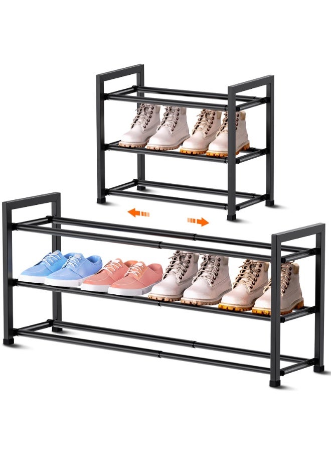 رف أحذية قابل للتوسيع بثلاث طبقات للخزانة، رف أحذية قابل للتعديل من 18 إلى 33 بوصة للمساحات الصغيرة، منظم أحذية صغير للباب الأمامي، معدن قوي، أسود - Image 1