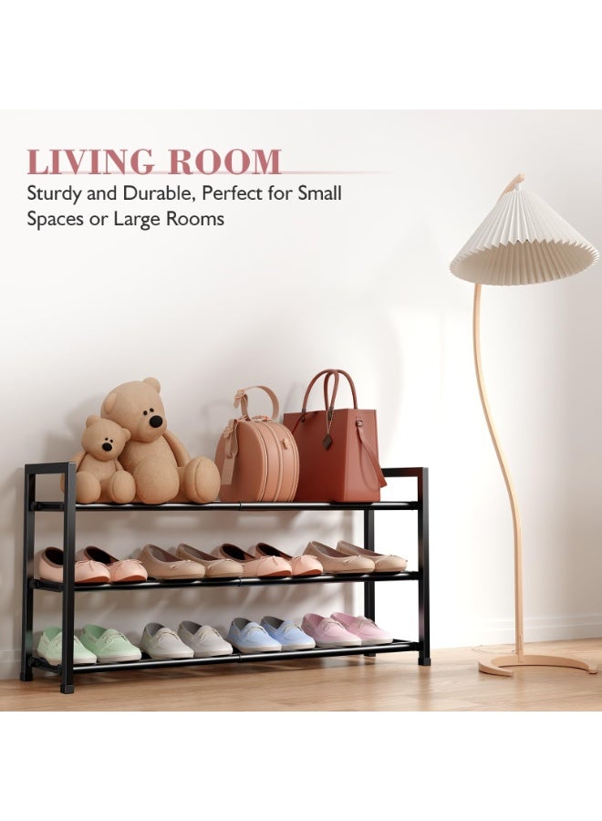 رف أحذية قابل للتوسيع بثلاث طبقات للخزانة، رف أحذية قابل للتعديل من 18 إلى 33 بوصة للمساحات الصغيرة، منظم أحذية صغير للباب الأمامي، معدن قوي، أسود - Image 4