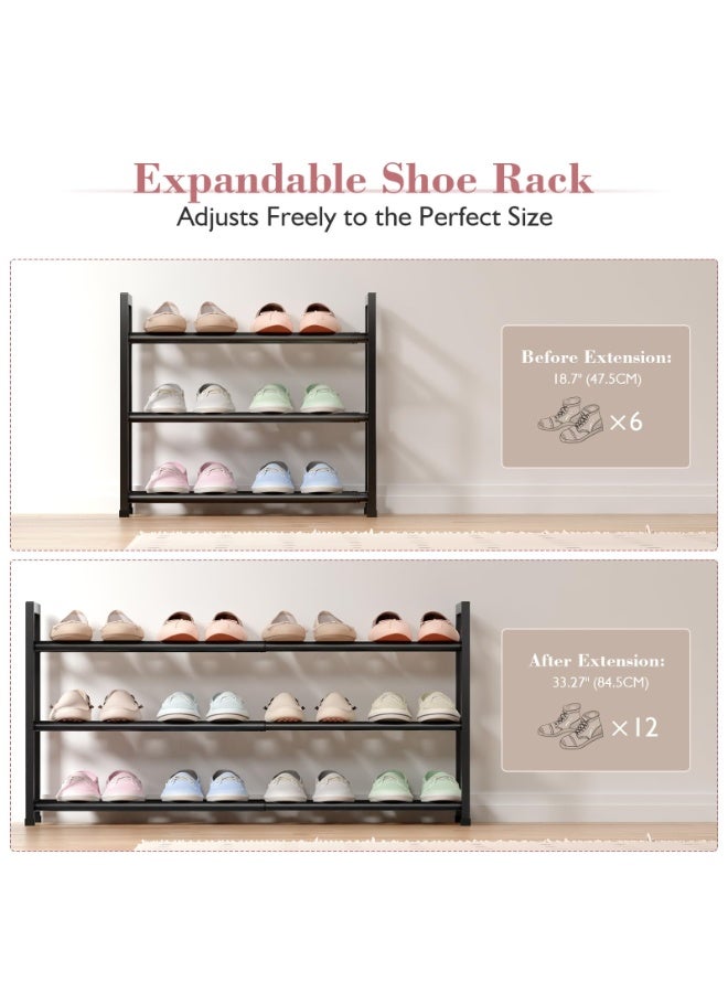 رف أحذية قابل للتوسيع بثلاث طبقات للخزانة، رف أحذية قابل للتعديل من 18 إلى 33 بوصة للمساحات الصغيرة، منظم أحذية صغير للباب الأمامي، معدن قوي، أسود - Image 5