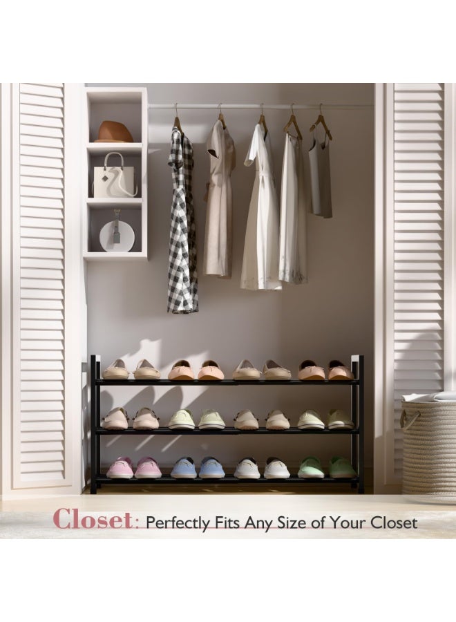 رف أحذية قابل للتوسيع بثلاث طبقات للخزانة، رف أحذية قابل للتعديل من 18 إلى 33 بوصة للمساحات الصغيرة، منظم أحذية صغير للباب الأمامي، معدن قوي، أسود - Image 2