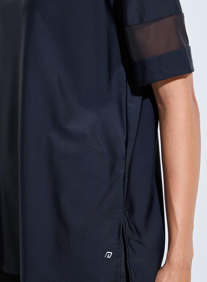 Styli Active Black Solid Mesh Insert Sleeves Side Slit Active T-Shirt - Image 3