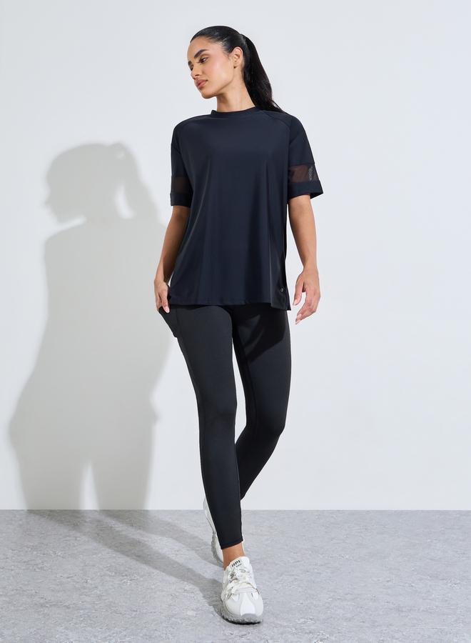 Styli Active Black Solid Mesh Insert Sleeves Side Slit Active T-Shirt - Image 2