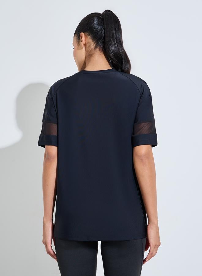 Styli Active Black Solid Mesh Insert Sleeves Side Slit Active T-Shirt - Image 4