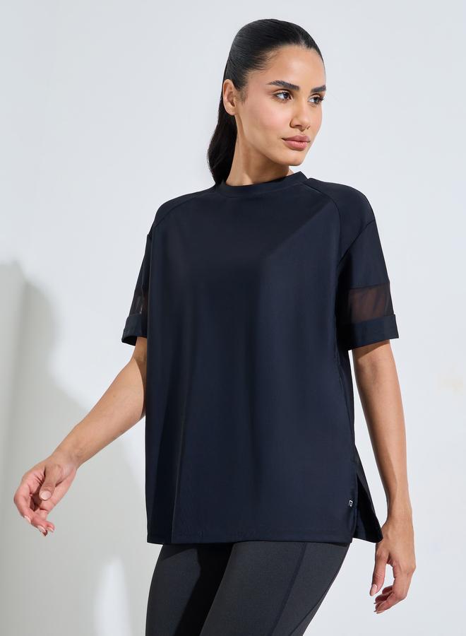 Styli Active Black Solid Mesh Insert Sleeves Side Slit Active T-Shirt - Image 1